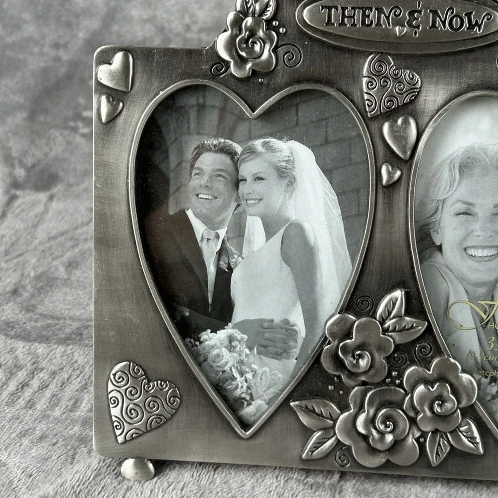 Fetco Then & Now Picture Frame Metal Heart Flower Anniversary Holds (2) 3.5x5 in
